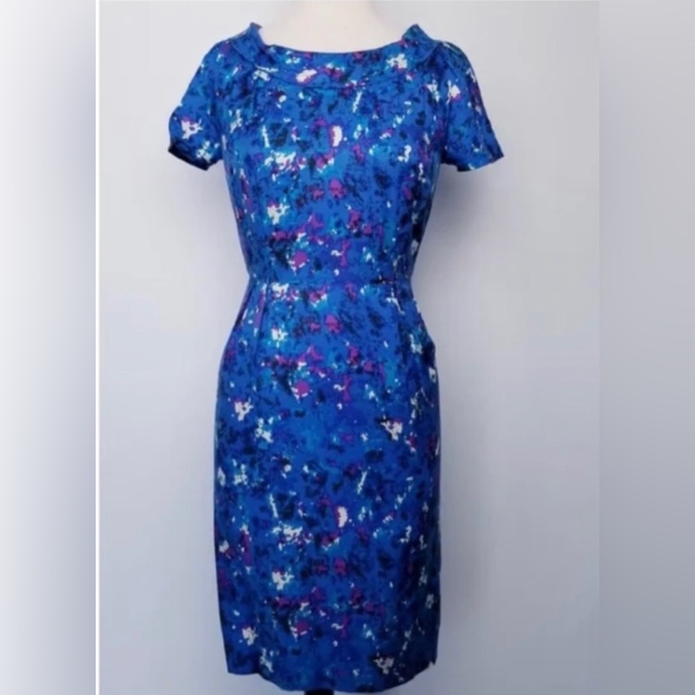 Boden Blue Print Roll Collar Silk Blend Fitted Dress 8L